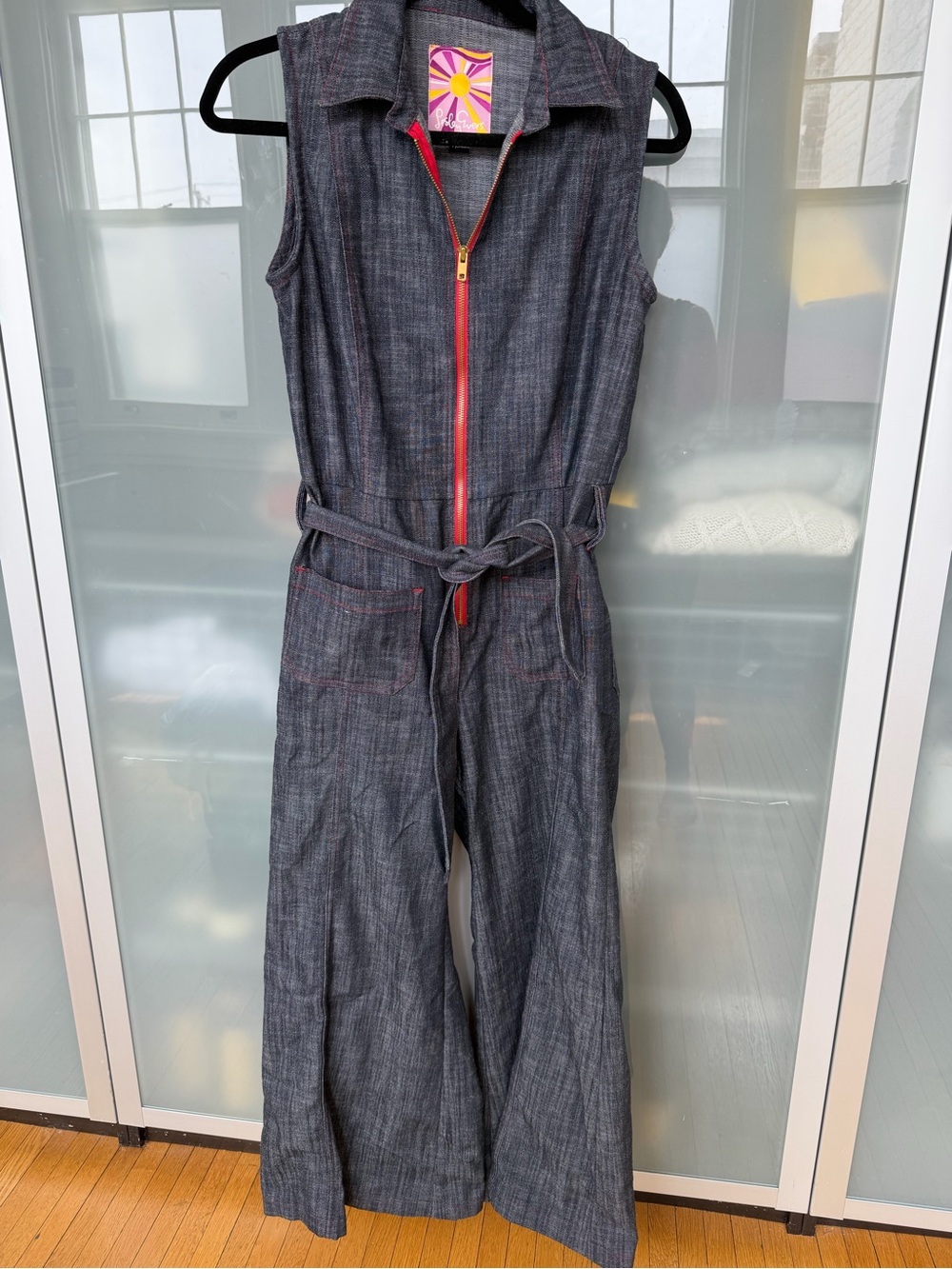 Sleeveless Denim-Style Jumpsuit with Red Zip